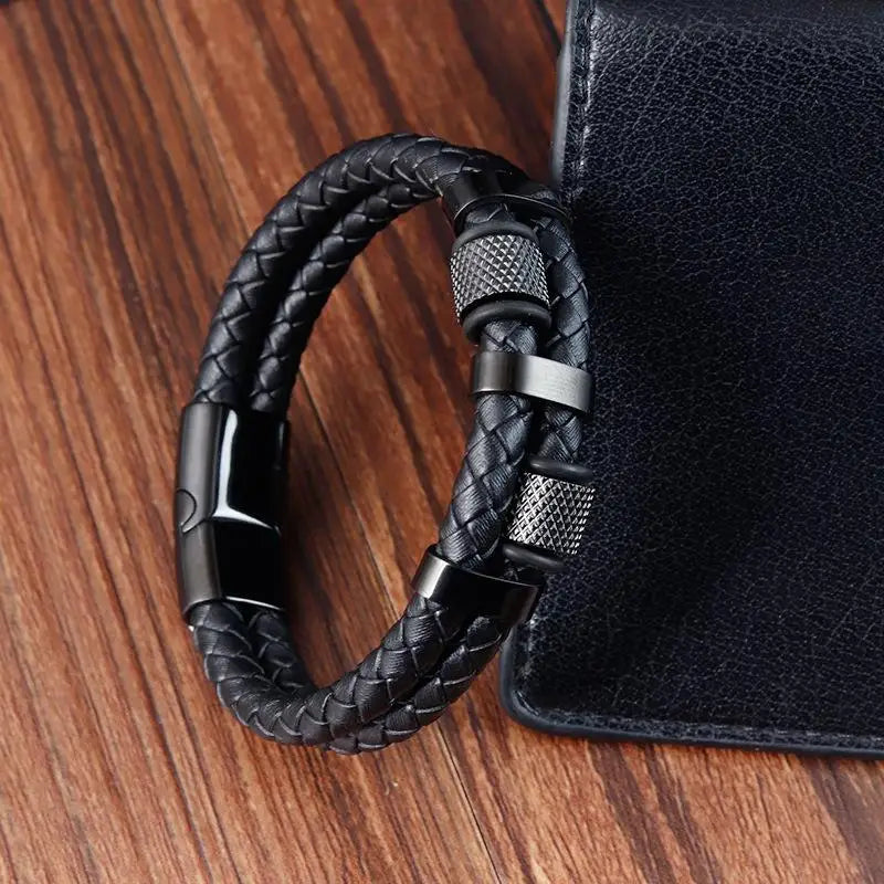 CowLost | badge-pass-holders-jiayiqi-punk-stainless-steel-leather-bracelet-for-men-with-irregular-beads |11
