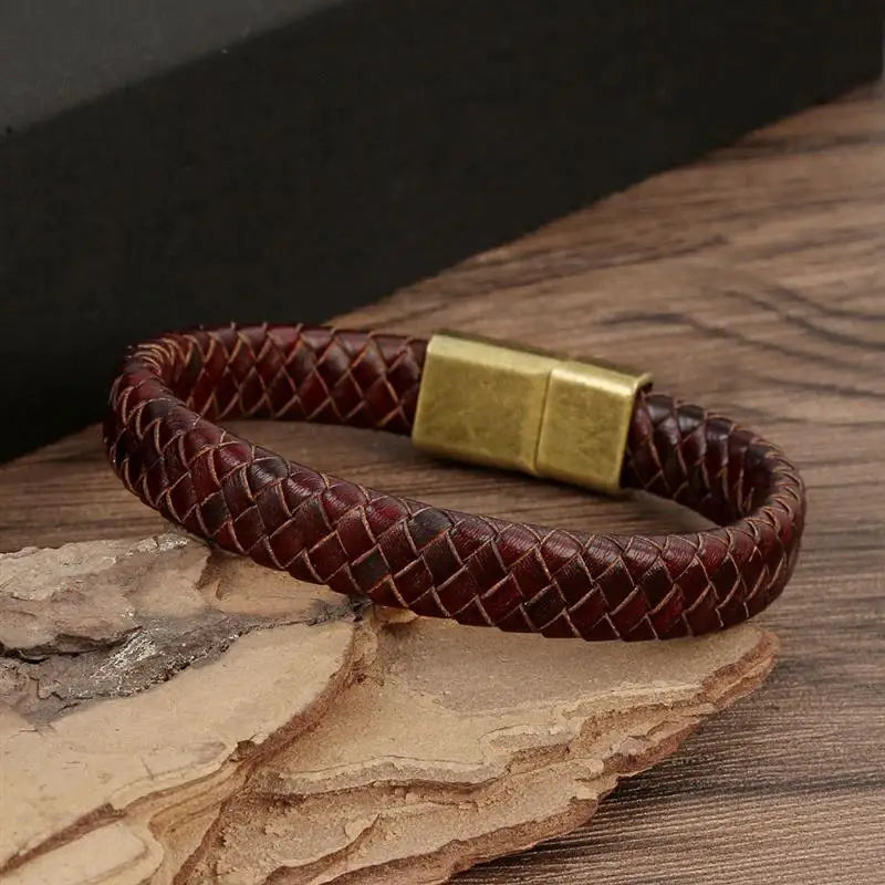 CowLost | badge-pass-holders-classic-mens-braided-leather-bracelet-with-magnetic-clasp |9