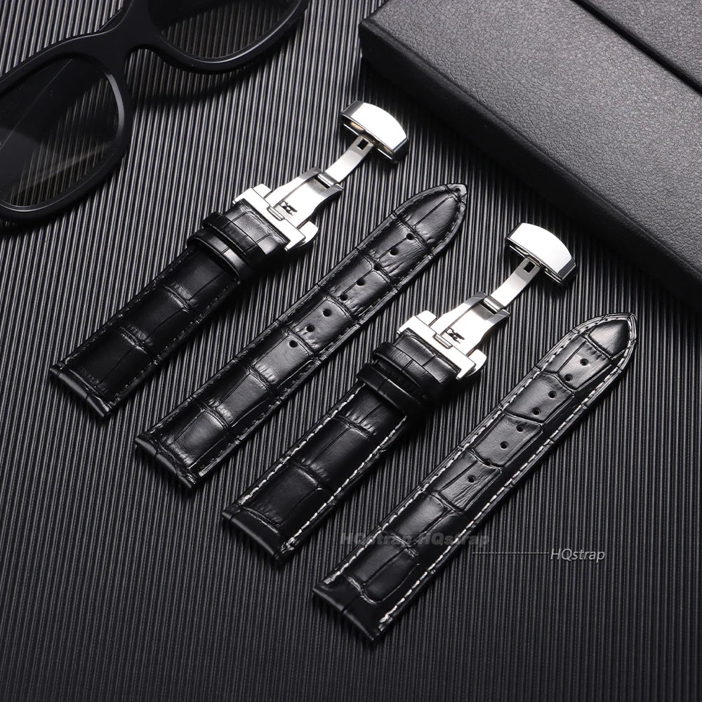 Genuine Leather Bamboo Pattern Watch Strap 14-24mm with Steel Butterfly Buckle Black Brown