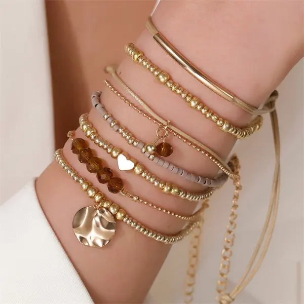 CowLost | 4pcs-set-bohemia-shell-bracelets-for-women-ethnic-style-colorful-zircon-rice-beads-metal-chain-bangles-girl-summer-beach-jewelry |13
