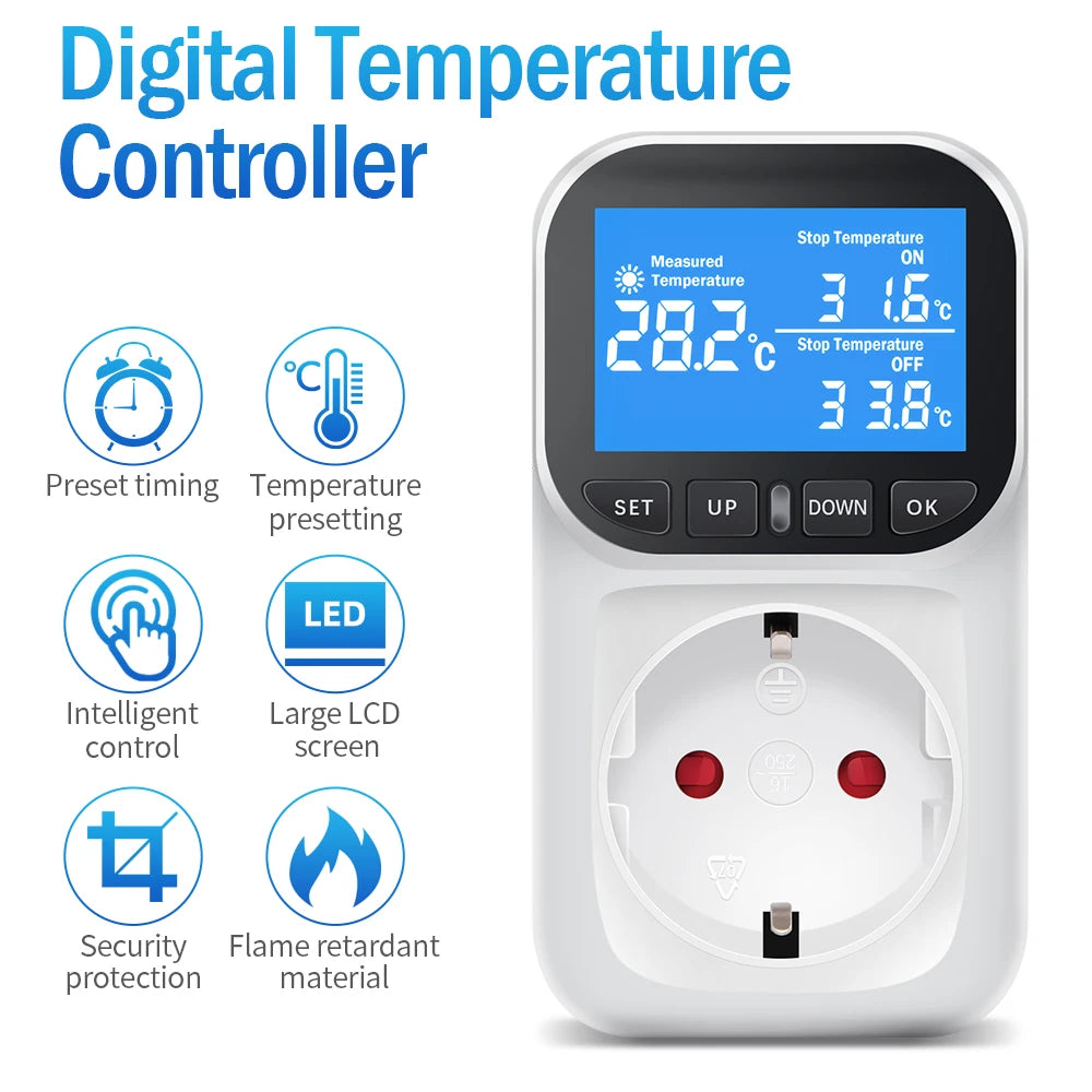 220V EU Plug Digital Temperature Controller Socket with LCD Timer Switch and Sensor