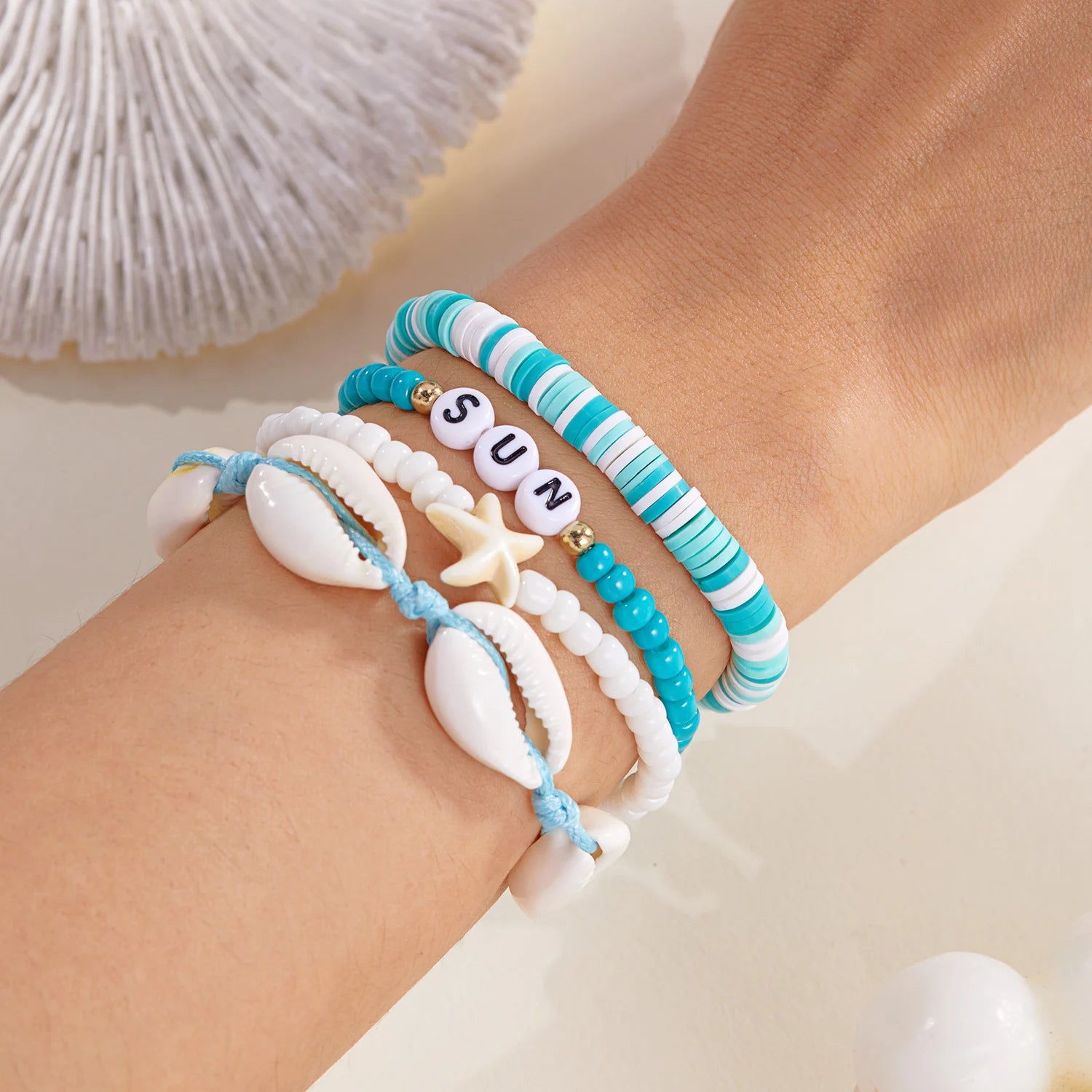 CowLost | summer-bohemian-flower-starfish-sea-turtle-pendant-bracelets-set-for-women-polymer-clay-colorful-beaded-bangle-beach-jewelry |7