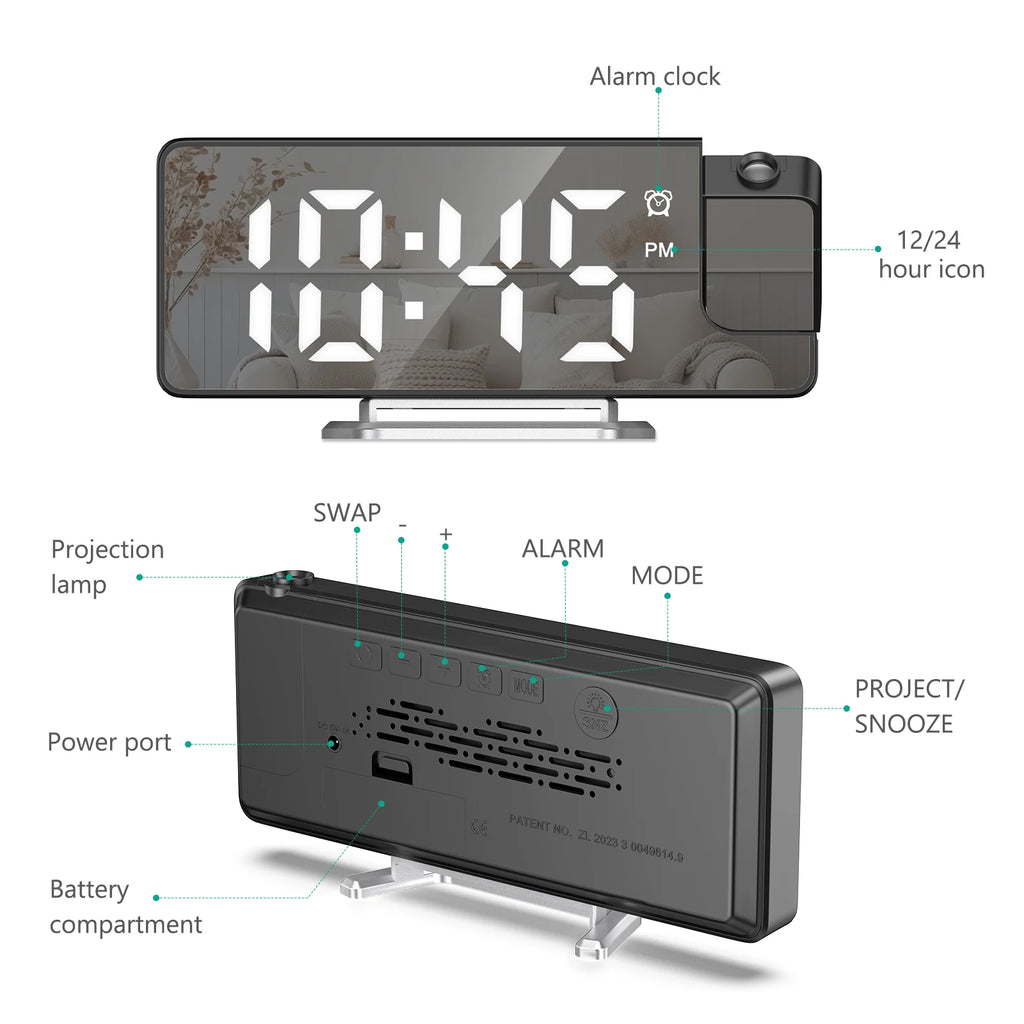 ORIA LED Projection Alarm Clock with Large 7.9" Screen, Date & Temperature Display