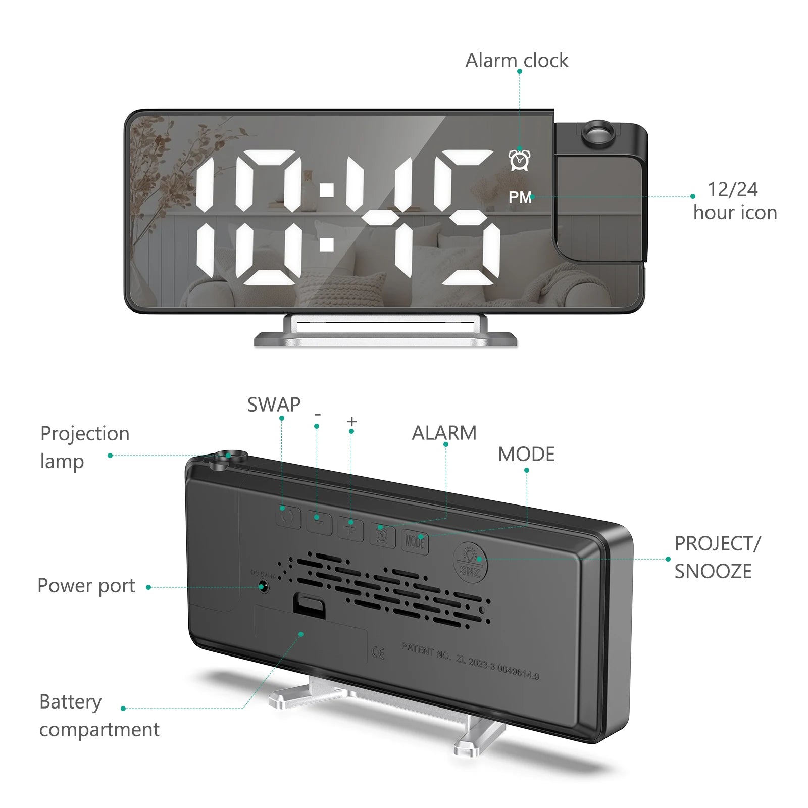 ORIA LED Projection Alarm Clock with Large 7.9" Screen, Date & Temperature Display
