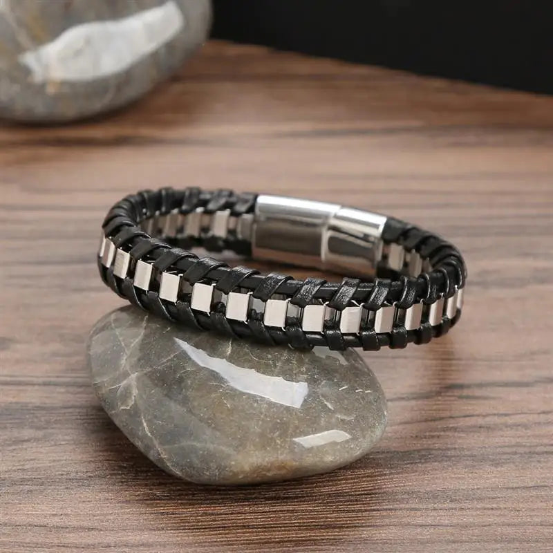 CowLost | jiayiqi-punk-men-jewelry-black-braided-leather-bracelet-stainless-steel-magnetic-clasp |30
