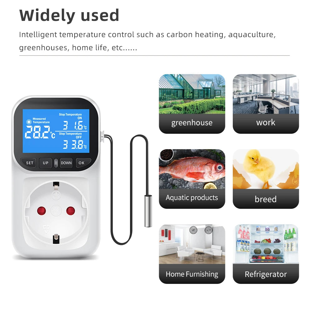 220V EU Plug Digital Temperature Controller Socket with LCD Timer Switch and Sensor