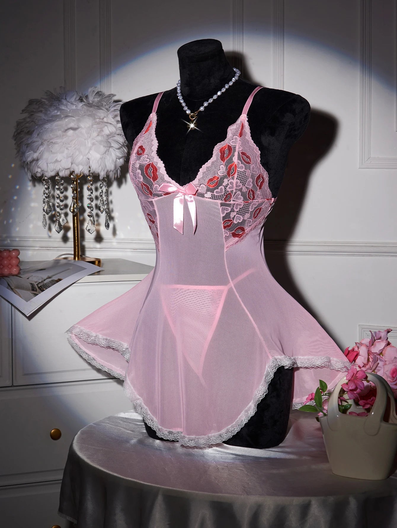 CowLost | pink-transparent-ultra-thin-hot-nightgown-womens-pajamas-with-thongs-lace |3