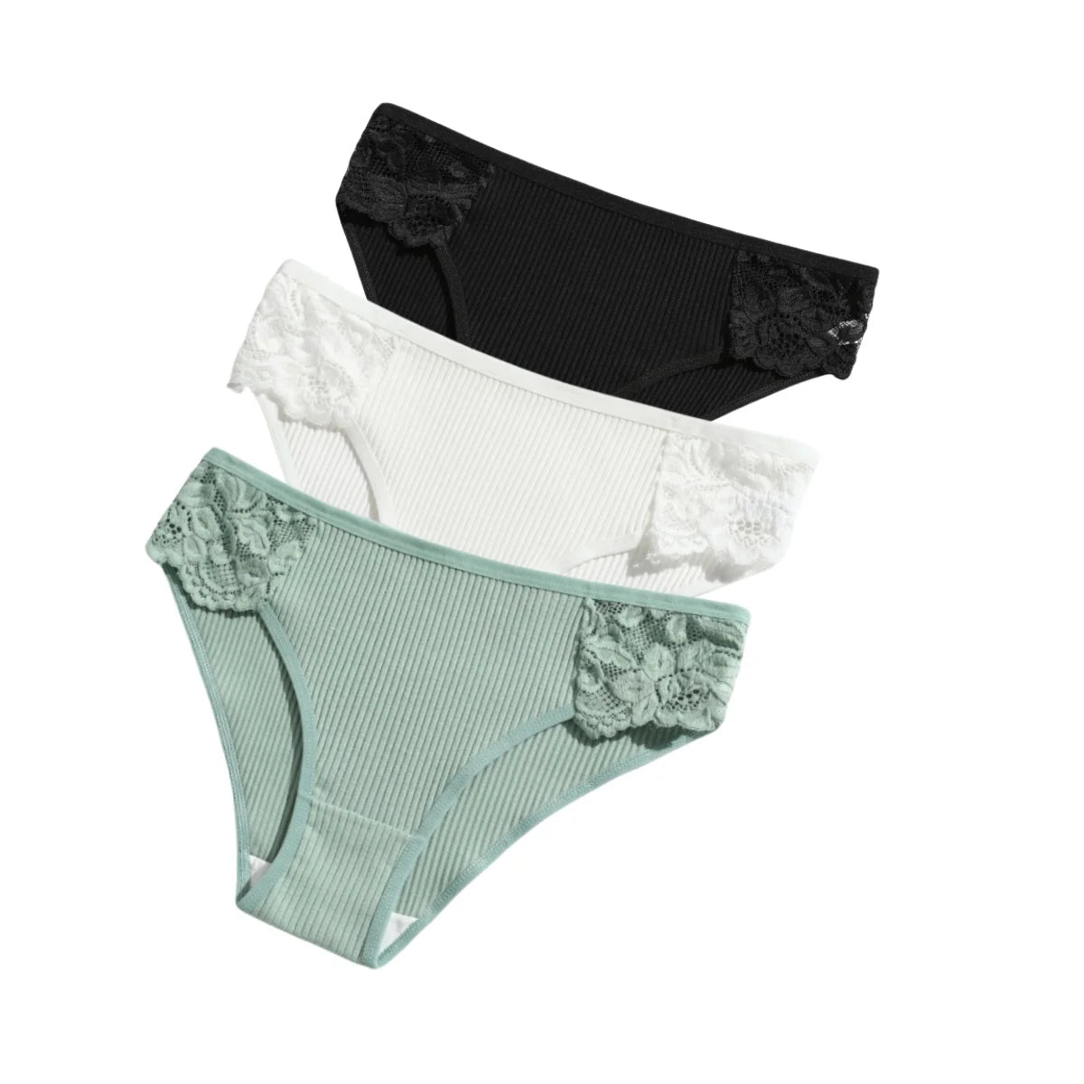 CowLost | product_id-3pcs-womens-cotton-lace-trim-low-rise-breathable-briefs-solid-panties |30