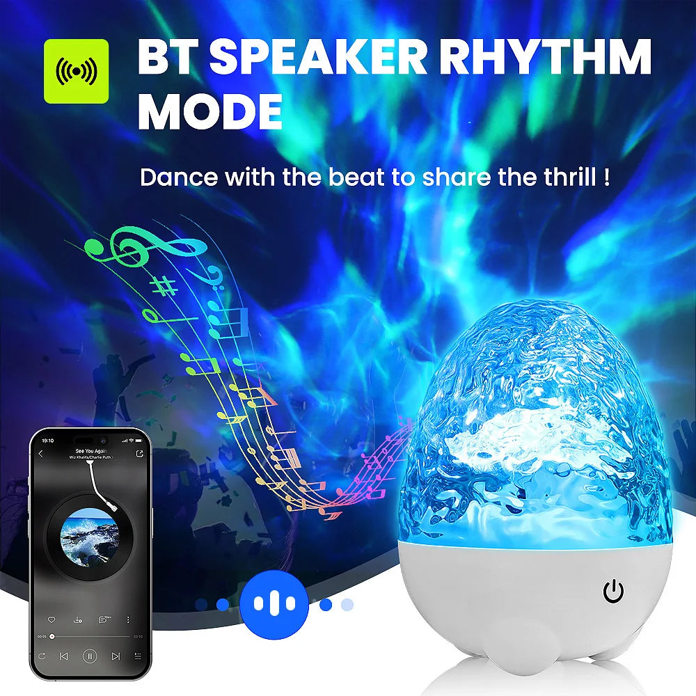 Aurora & Ocean Wave Projector Lamp with Remote, Music Speaker, RGB Effects, Rechargeable Night Light Gift