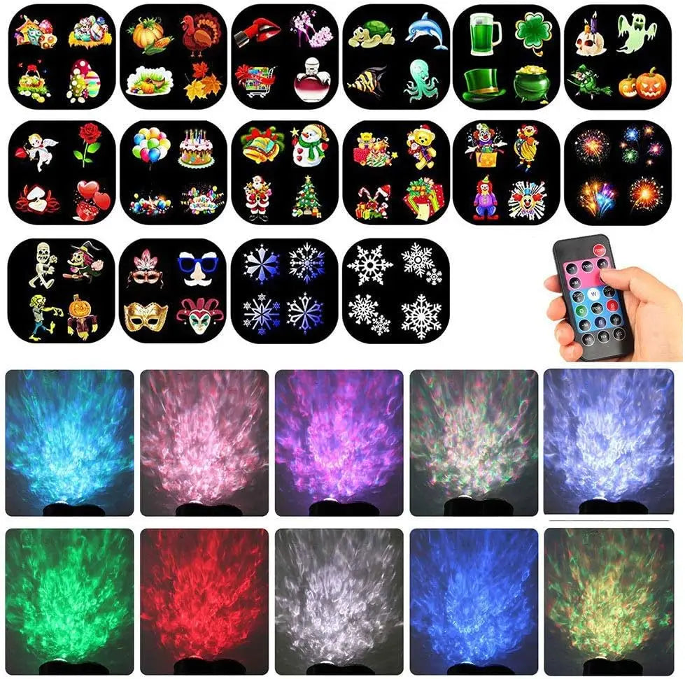 Halloween Christmas Outdoor Projector Lights 16 HD Slides 2-in-1 Water Wave Lamp with Timer & Remote