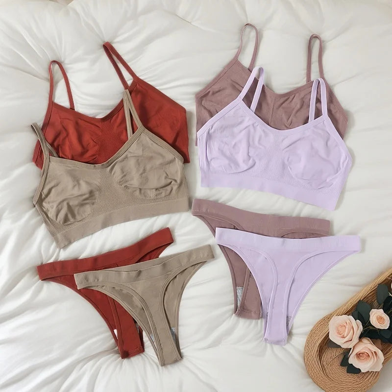 CowLost | product_id-women-seamless-wire-free-ribbed-high-leg-unlined-bralette-panties-set |1