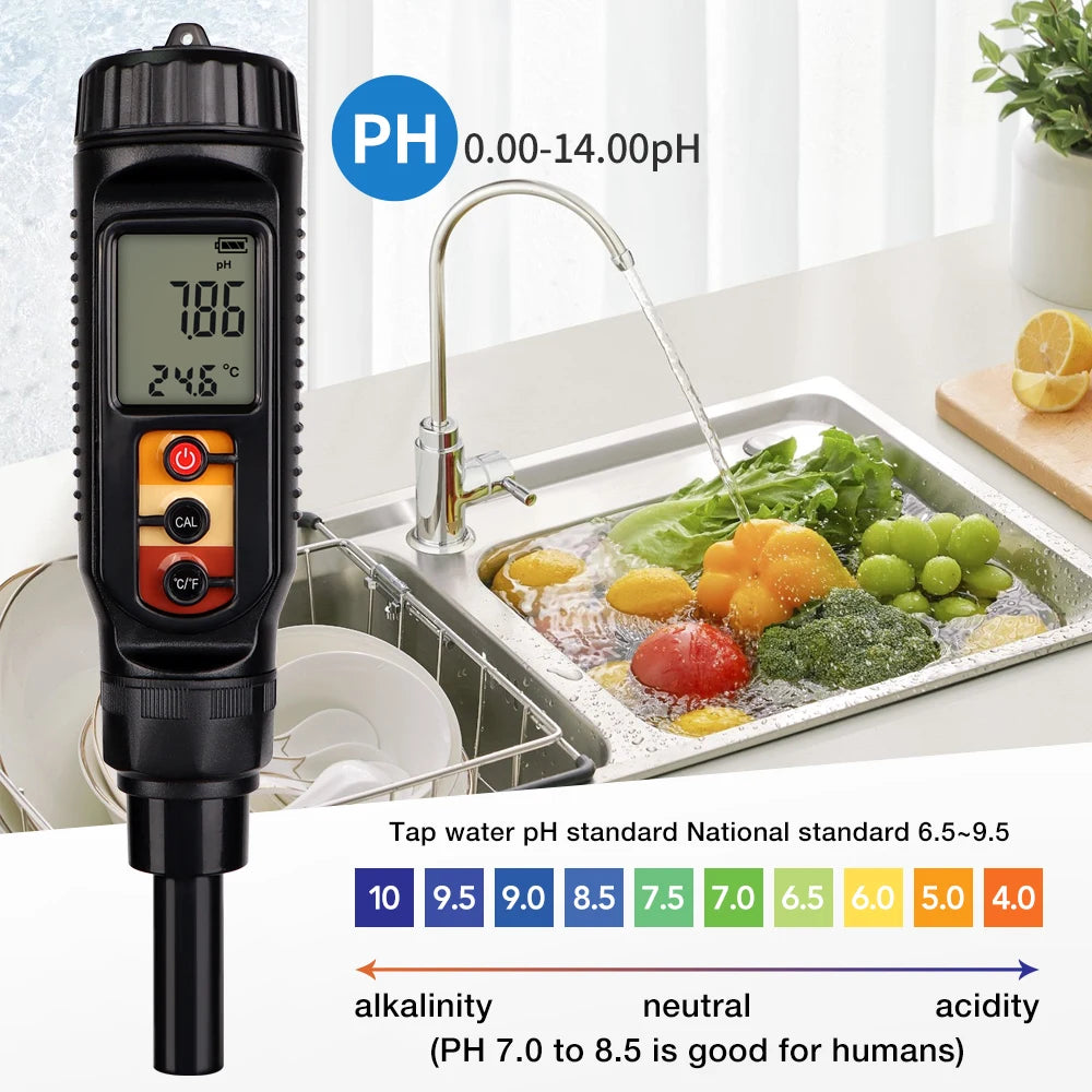 LCD Digital PH Meter 0.00-14.00 Handheld Soil, Food, Dough Acidity Tester for Fruit, Cheese, Meat, Skin