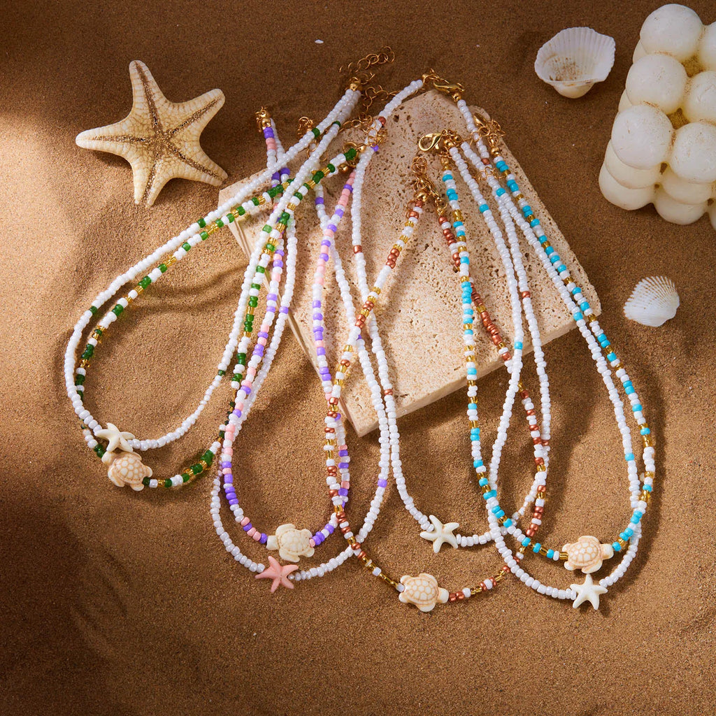 CowLost | bohemian-double-beaded-starfish-turtle-pendant-necklace-for-women-colorful-seed-bead-clavicle-chain-choker-beach-party-jewelry |5