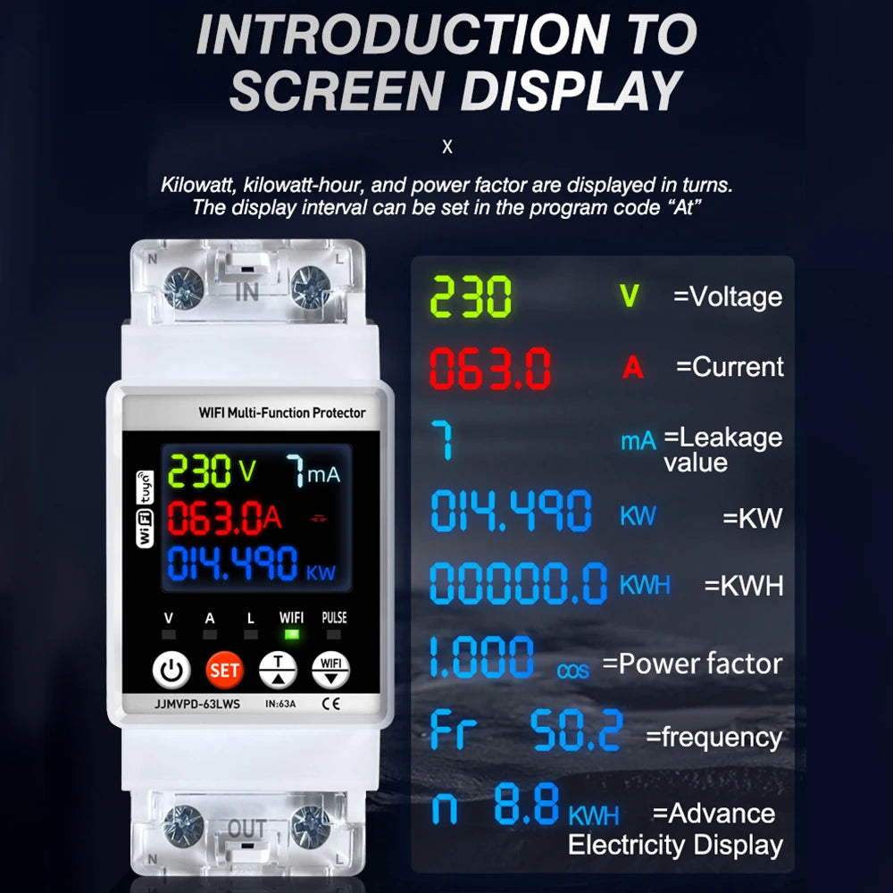 Tuya WiFi Smart Power Meter 63A Energy Switch with Automatic Protector and Voltage Tester