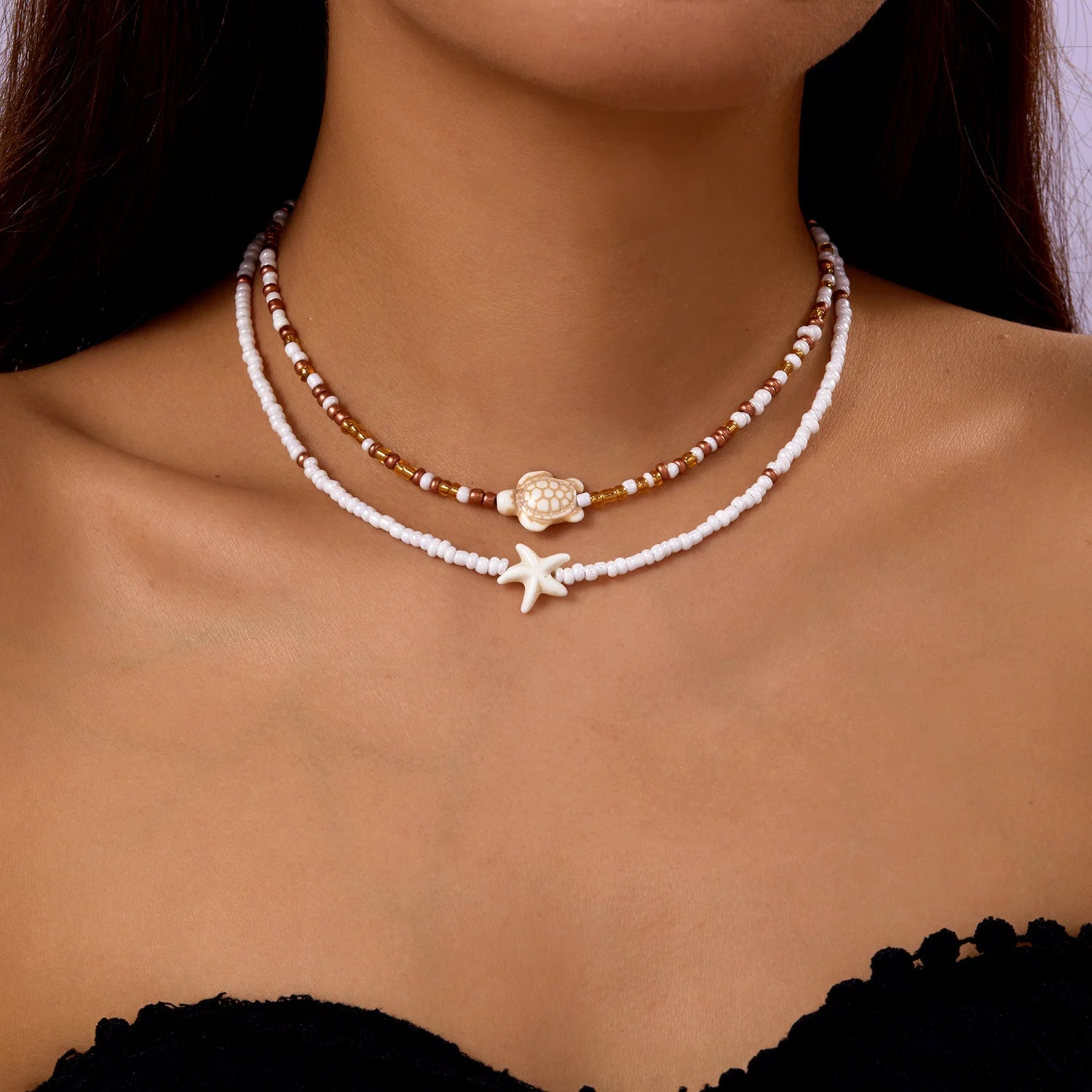 CowLost | boho-bohemian-sea-shell-starfish-pendant-necklaces-for-women-double-layered-tortoise-imitation-pearl-bead-chain-beach-jewelry |2