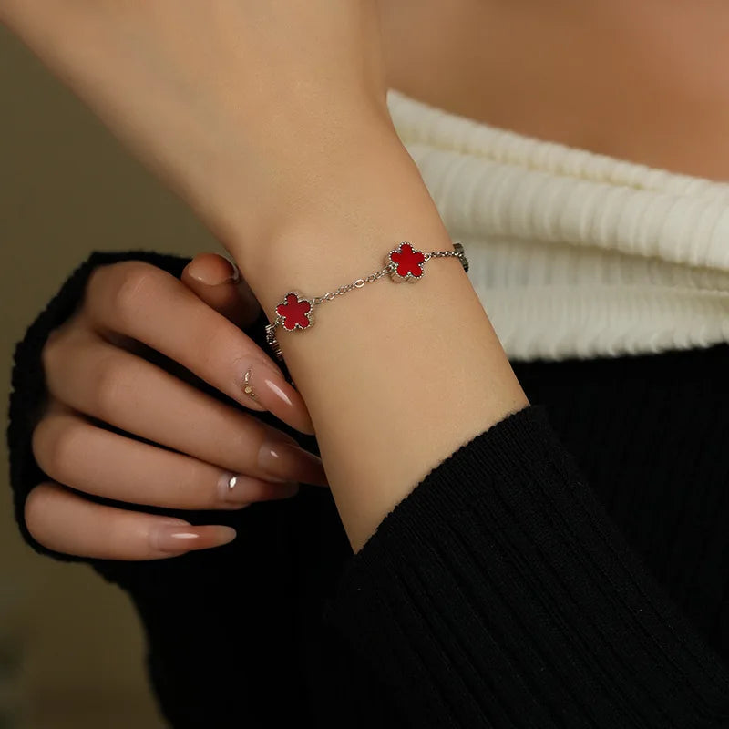 Silver Gold Color Five Leaf Flower Stainless Steel Bracelet Women's Pentalobe Plum Blossom