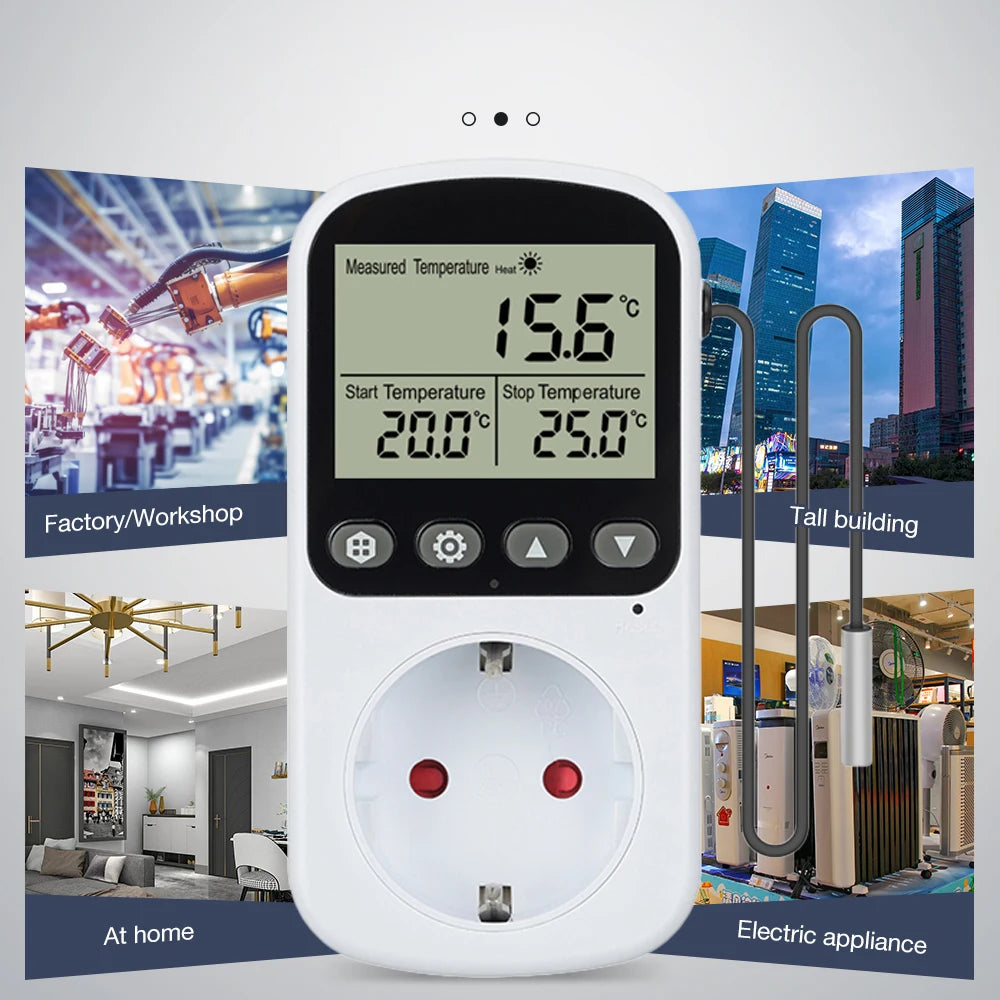 Full View LCD Thermostat Socket 16A 230V Temperature Controller EU Plug Heating Cooling Regulator with Sensor
