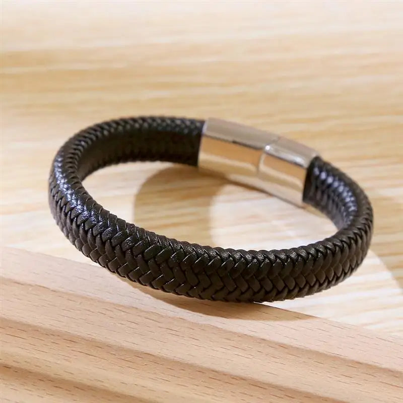 CowLost | badge-pass-holders-classic-mens-braided-leather-bracelet-with-magnetic-clasp |13