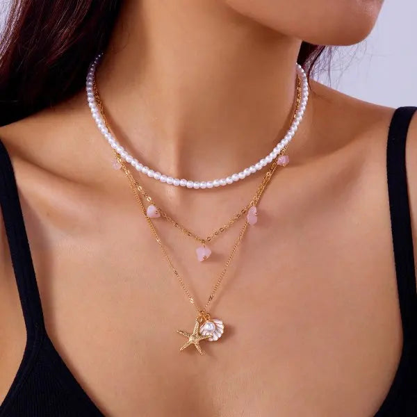 CowLost | 3pcs-bohemian-conch-starfish-pendant-necklace-for-women-conch-seashell-gold-color-metal-chain-choker-summer-beach-party-jewelry |7
