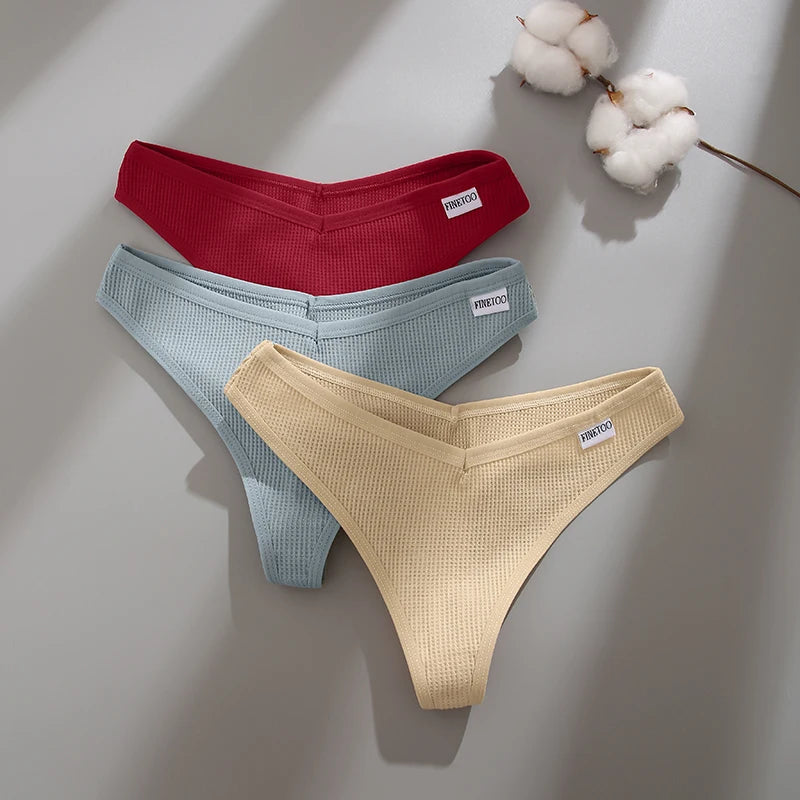CowLost | activewear-pants-3pcs-cotton-waffle-women-s-sexy-thong-panties-set |19