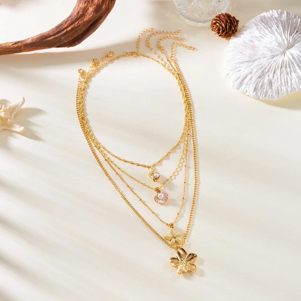CowLost | bohemia-mulitlayer-ocean-series-necklace-for-women-starfish-shell-pearl-conch-flower-fish-tail-metal-choker-beach-party-jewelry |2