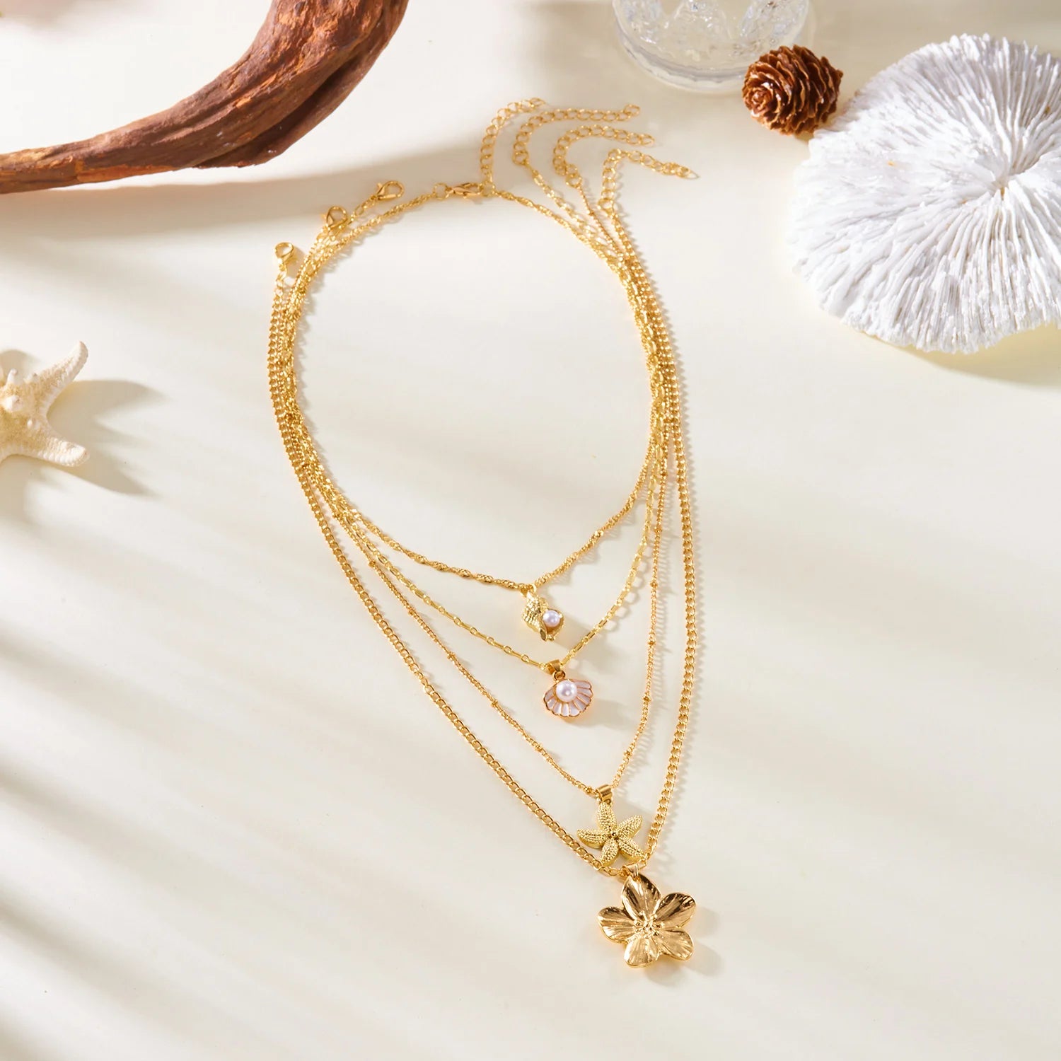CowLost | bohemia-mulitlayer-ocean-series-necklace-for-women-starfish-shell-pearl-conch-flower-fish-tail-metal-choker-beach-party-jewelry |2