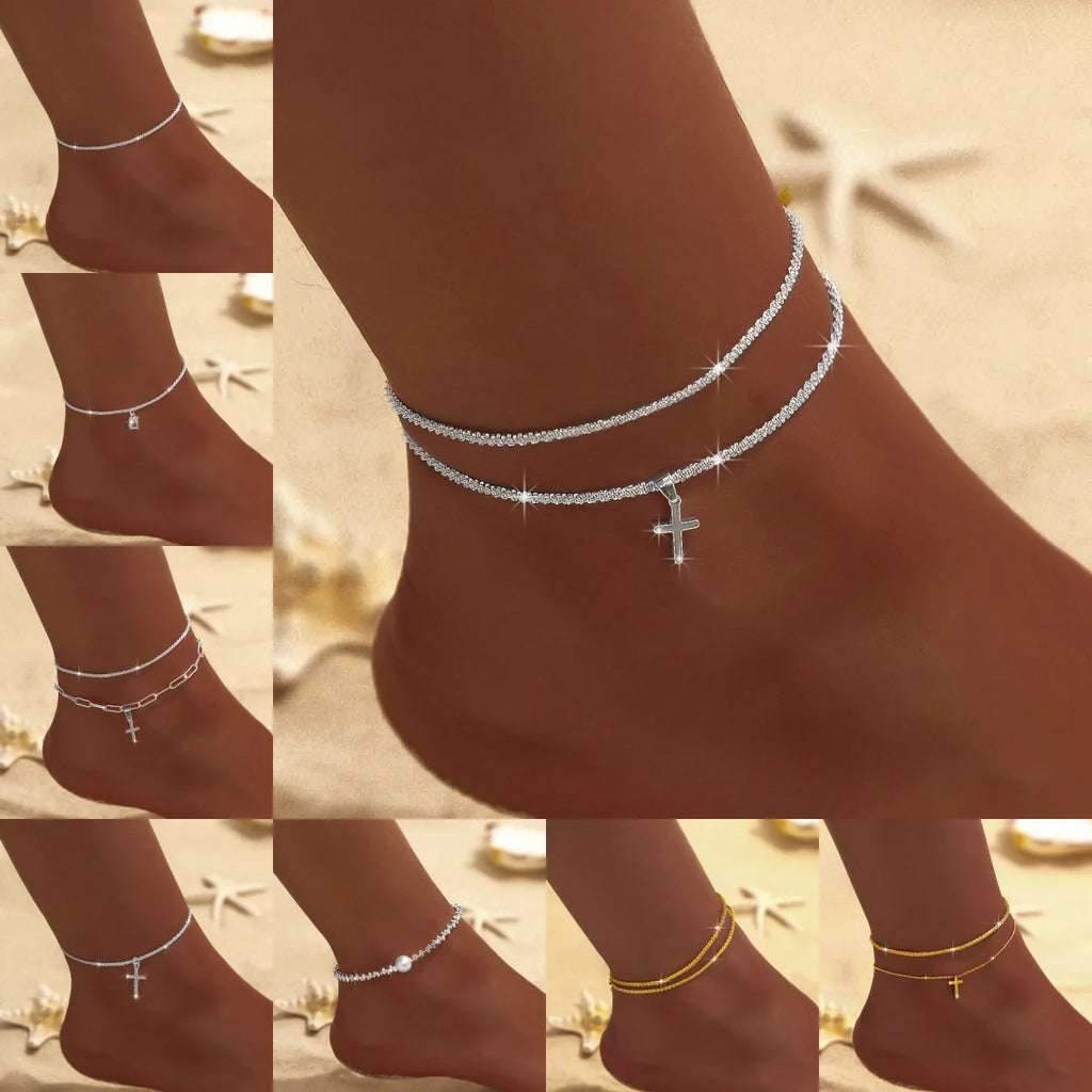 Silver Anklet Double Layer Zircon Cross Pearl Beach Jewelry for Women