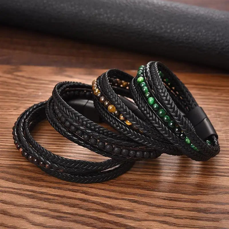 CowLost | badge-pass-holders-mens-natural-stone-beads-multilayer-leather-bracelet-with-magnetic-clasp |3