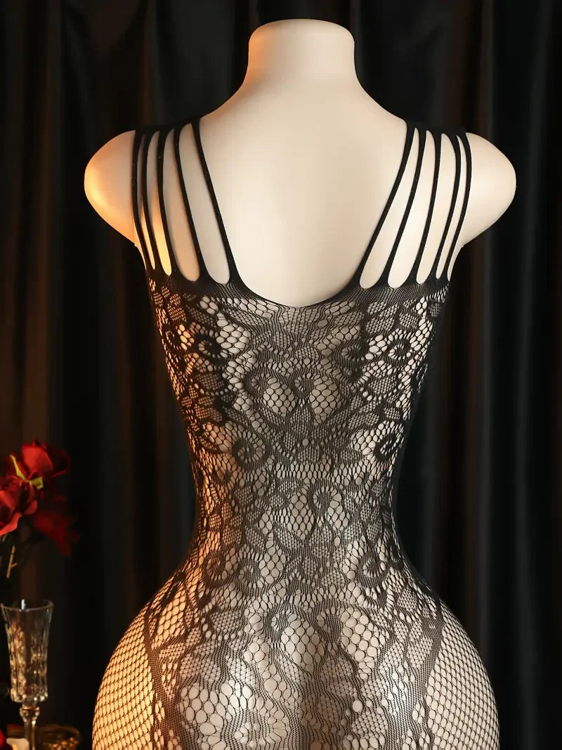 CowLost | sheer-floral-jacquard-fishnet-bodysuit-high-stretch-open-chest-womens-sexy-lingerie |8