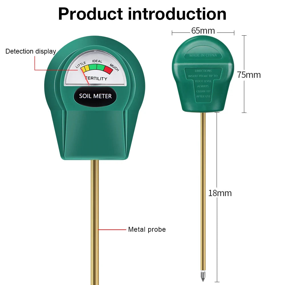 Handheld Soil PH, Moisture & Fertility Meter with Metal Probe No Batteries Needed