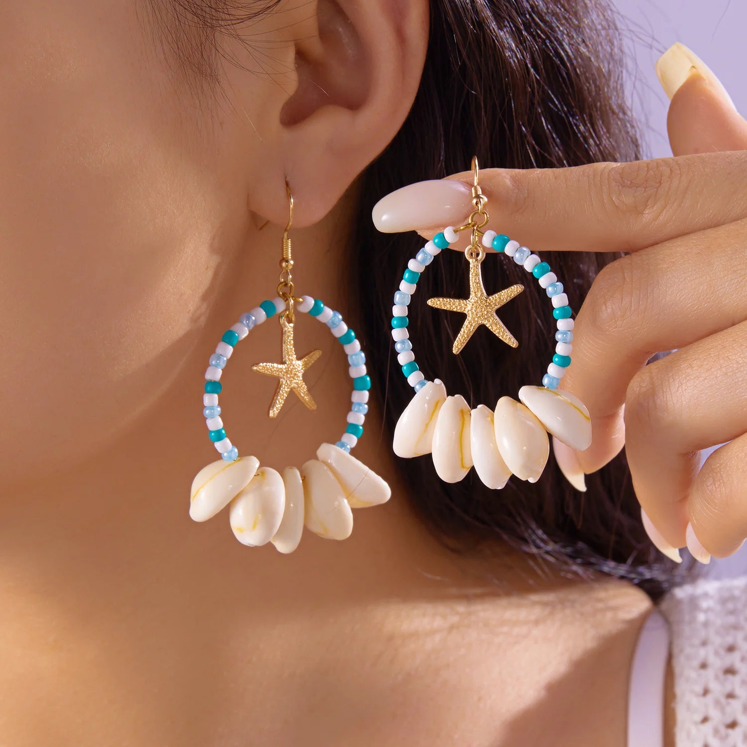 CowLost | boho-sea-shell-earrings-for-women-gold-color-trendy-metal-starfish-round-dangle-earring-girls-beach-party-statement-jewelry-gift |7