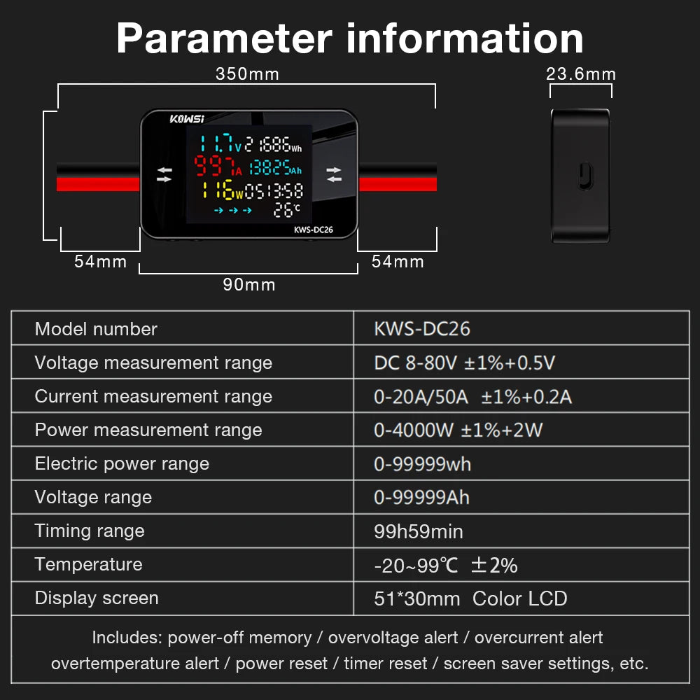 KWS-DC26 Digital Voltmeter Ammeter DC8-80V 0-20/50A Power Energy Meter with Color Screen for EV Battery Charging Detection