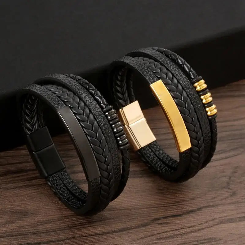 CowLost | punk-men-leather-bracelet-with-stainless-steel-magnetic-clasp-braided-mutilayer |6
