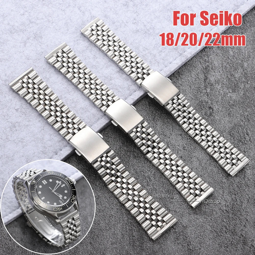 Universal Stainless Steel Jubilee Strap 18mm-22mm Folding Buckle Watchband for Seiko Unisex