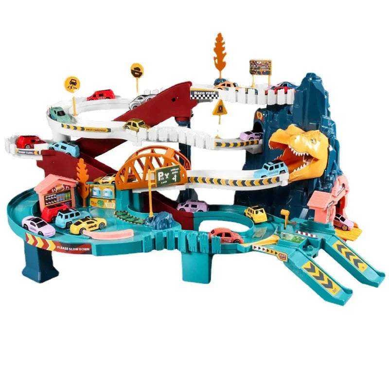 Dinosaur Electric Rail Car Racing Toy Interactive Mechanical Parking Lot for Children