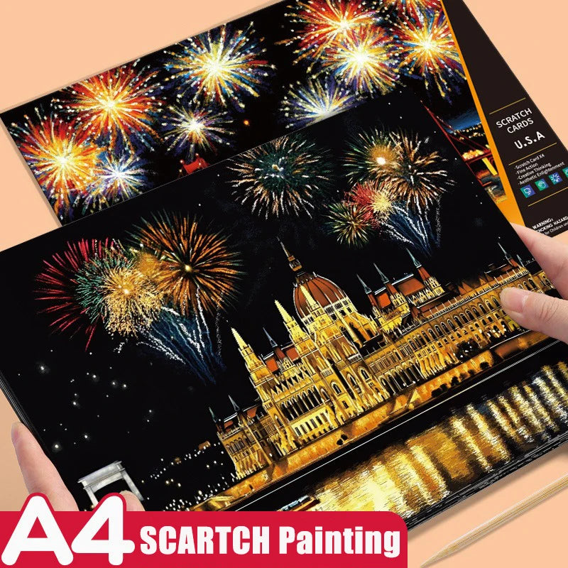 CowLost | product_id-4-pcs-a4-diy-scratch-painting-set-urban-landscapes-character-illustrations |3