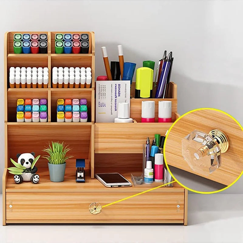 CowLost | wooden-desk-organiser-diy-desktop-tidy-pen-holder-large-capacity-stationery-storage-box-with-drawer-for-home-office-and-school |12