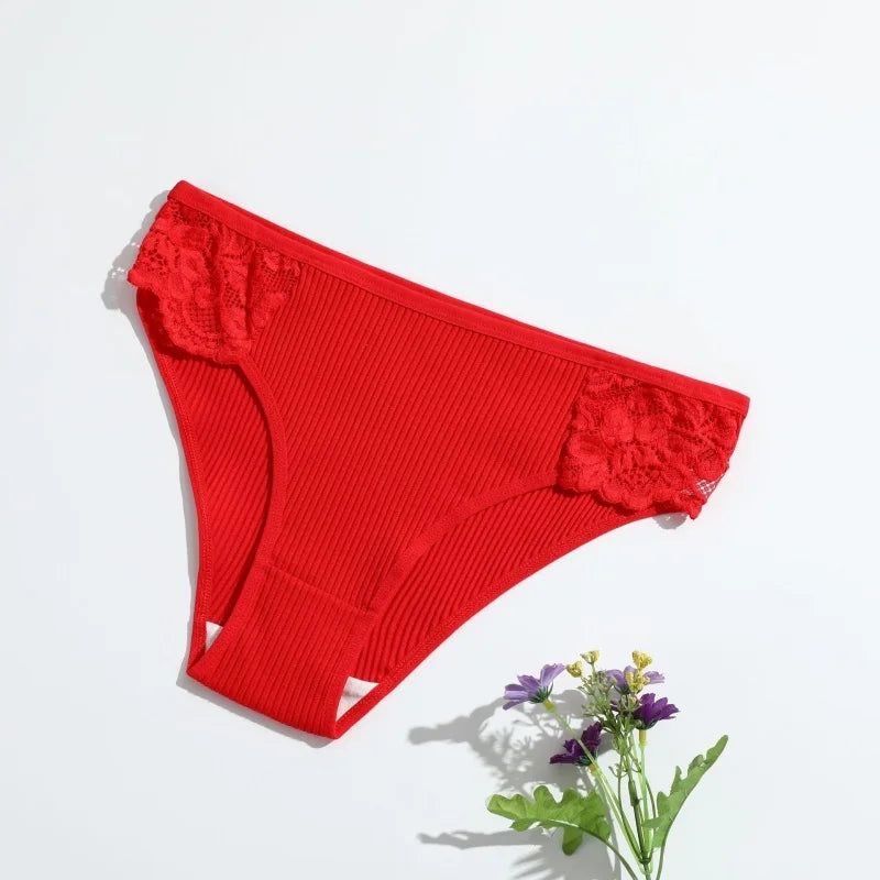 CowLost | product_id-3pcs-womens-cotton-lace-trim-low-rise-breathable-briefs-solid-panties |14