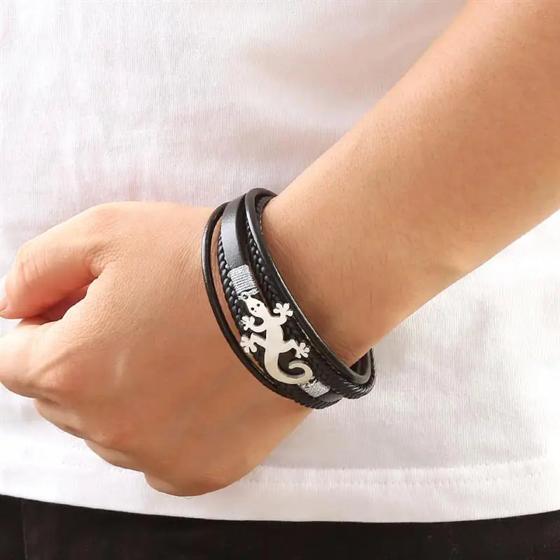 CowLost | jiayiqi-trendy-leather-cord-men-bracelet-metal-animal-gecko-pattern-bracelet |13