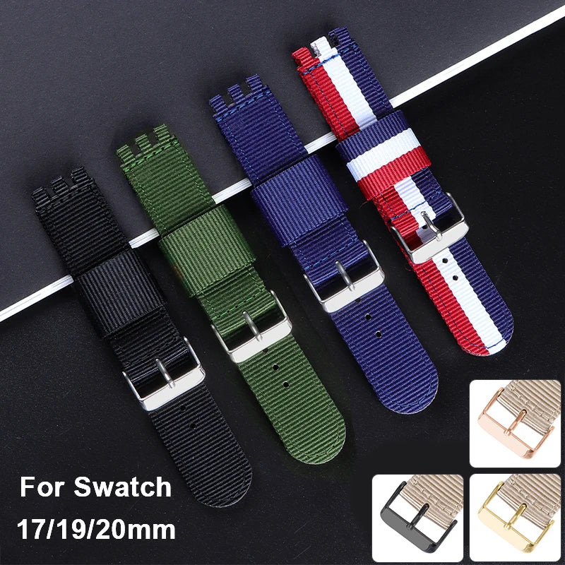 Nylon Canvas Watchband for Swatch 17mm 19mm 20mm Replacement Strap with Metal Pin Buckle