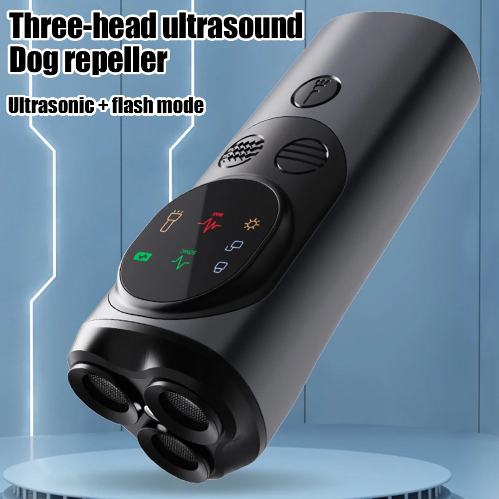 3-Head Ultrasonic Dog Repeller 30ft Range Anti-Barking Trainer with LED Flashlight