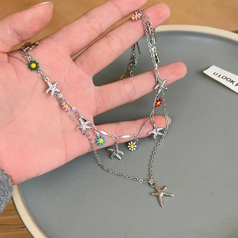 CowLost | bohemia-double-layer-daisy-clavicle-chain-necklace-for-women-colorful-flower-starfish-pendant-metal-chain-choker-party-jewelry |4