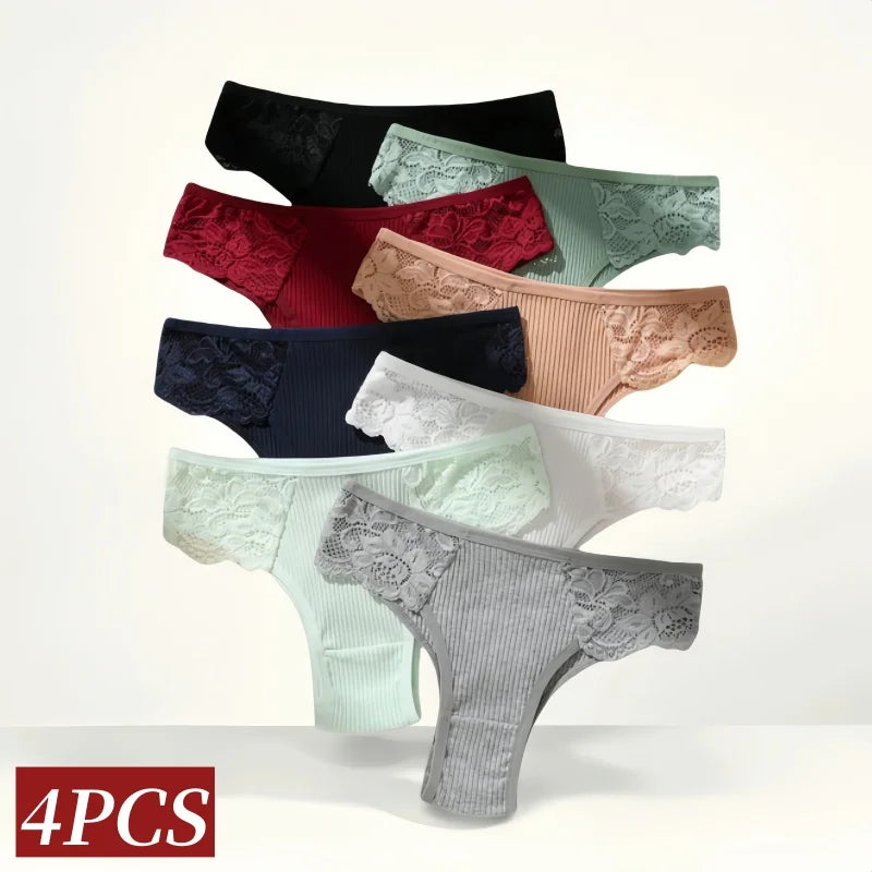 CowLost | product_id-4pcs-womens-cotton-ribbed-low-rise-brazilian-lace-briefs |2