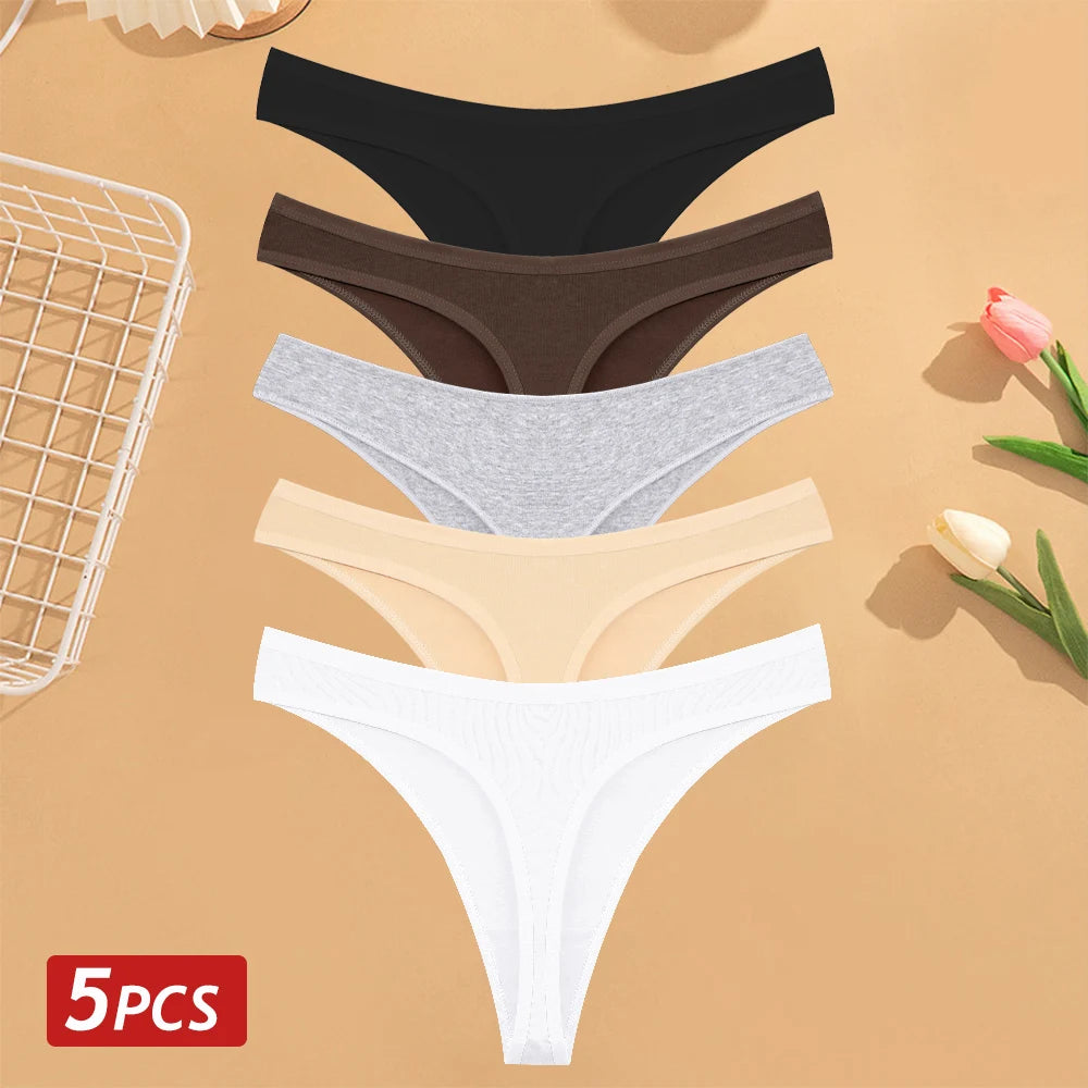 CowLost | activewear-pants-5pcs-women-cotton-solid-color-g-string-panties-set |21