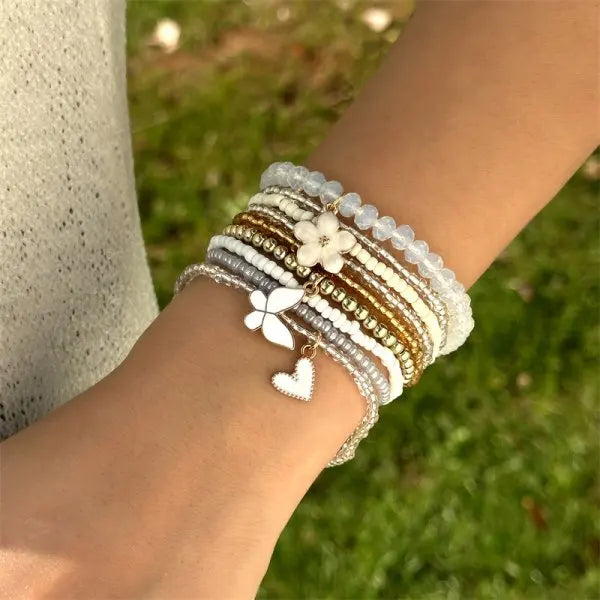 CowLost | 4pcs-set-bohemia-shell-bracelets-for-women-ethnic-style-colorful-zircon-rice-beads-metal-chain-bangles-girl-summer-beach-jewelry |15