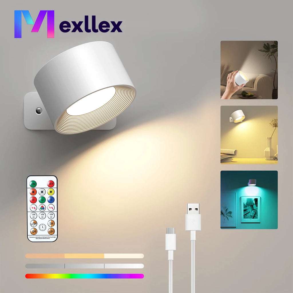 RGB Wall Lights with Remote, 19 Colors, 360° Rotation, 2000mAh Battery, Dimmable Touch Control for Bedroom