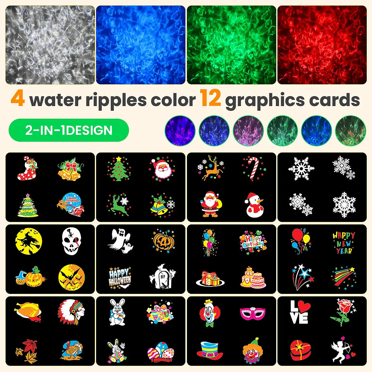 2-in-1 Halloween & Christmas Outdoor Projector Light with 12 HD Slides, Water Wave, Timer & Remote