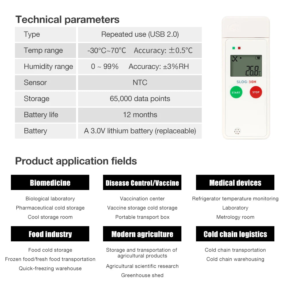 USB Temperature Data Logger 65000 Points PDF Recorder for Food, Medicine, Warehouse Transport