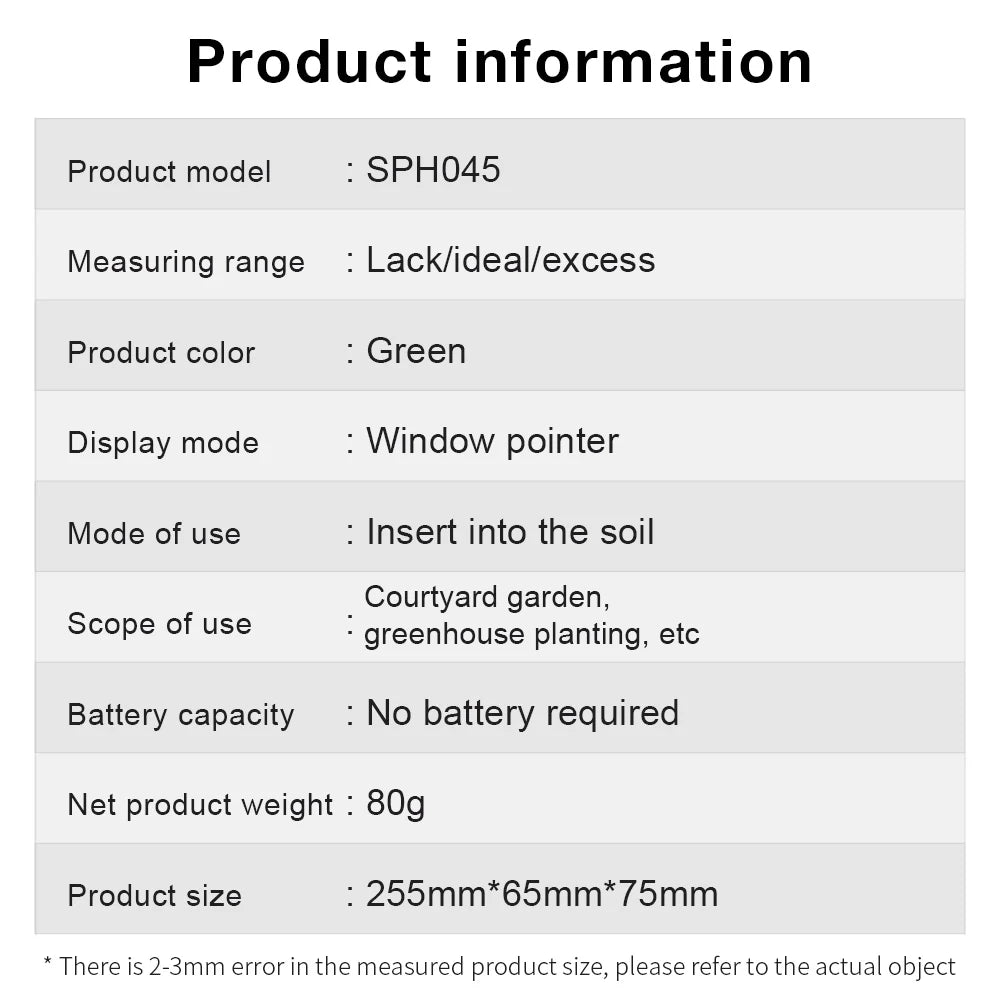 Handheld Soil PH, Moisture & Fertility Meter with Metal Probe No Batteries Needed