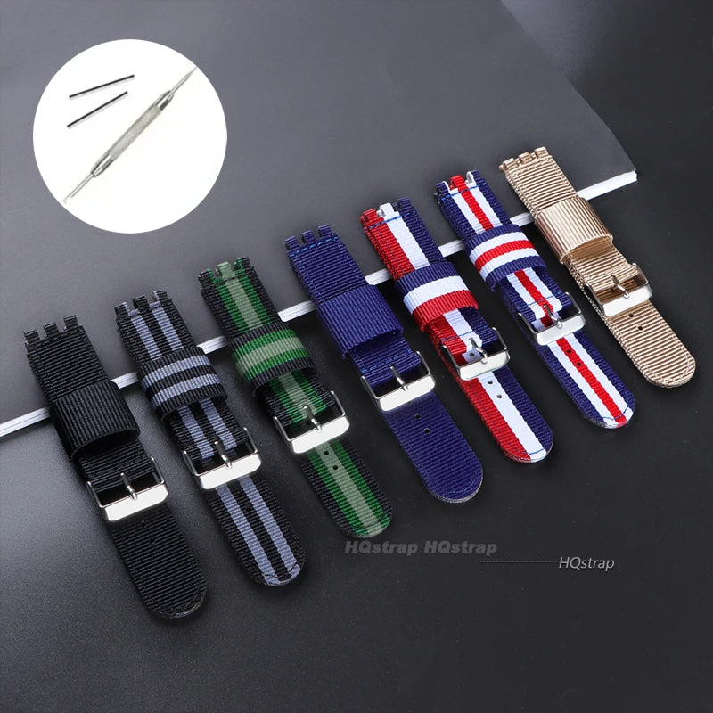 Nylon Canvas Watchband for Swatch 17mm 19mm 20mm Replacement Strap with Metal Pin Buckle